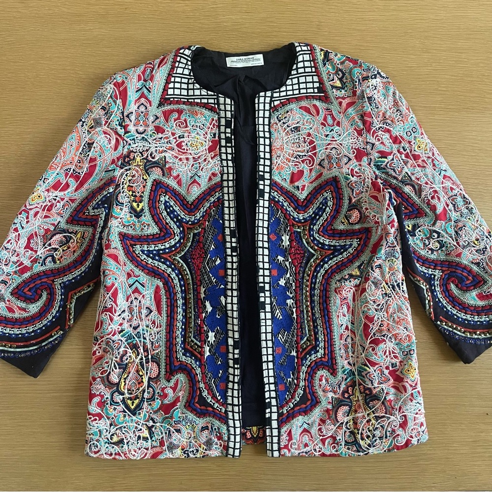 Zara Embroidered Jacket w/ Studded Detail Size S Colorful & Ornate